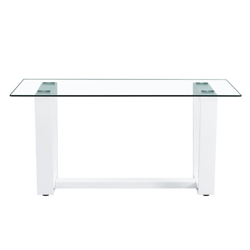 Grande table de salle à manger en verre rectangulaire moderne minimaliste pour 6 à 8 personnes avec plateau en verre trempé de 0,4 po et support trapézoïdal en bois aggloméré blanc