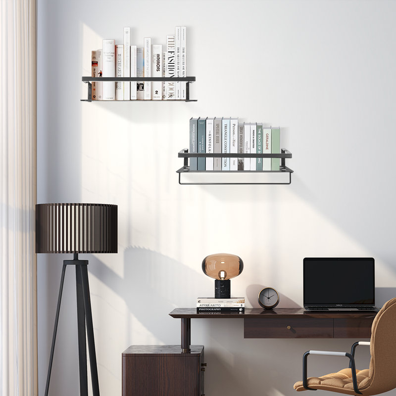 Gray Iron Floating Wall Shelves with Towel Bar, Set of 2