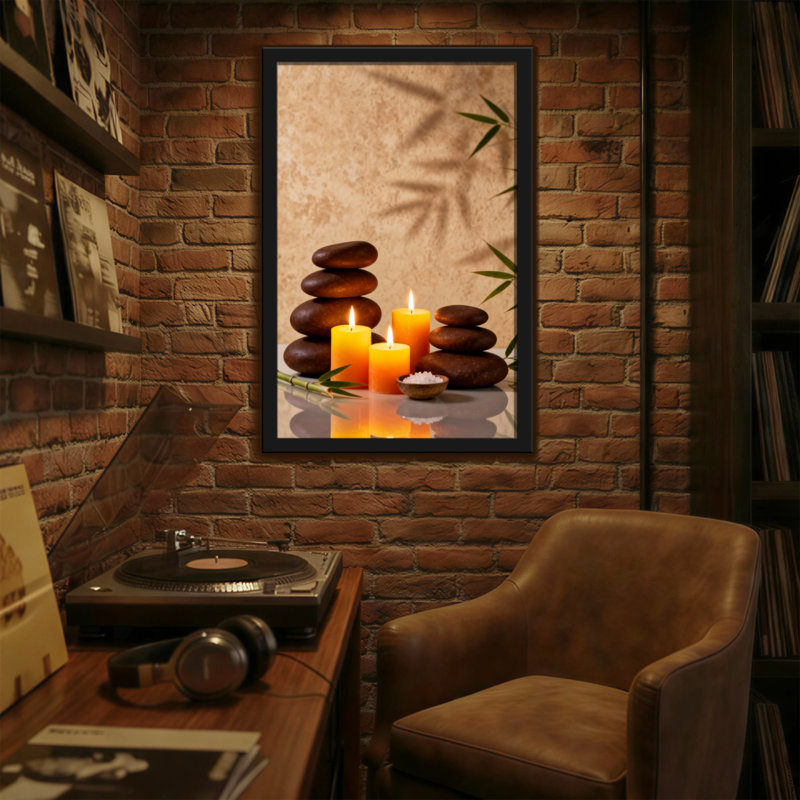 Bath and Laundry Calm Stones Candles Bamboo Leaves Reflection, H 18 po x l 12 po