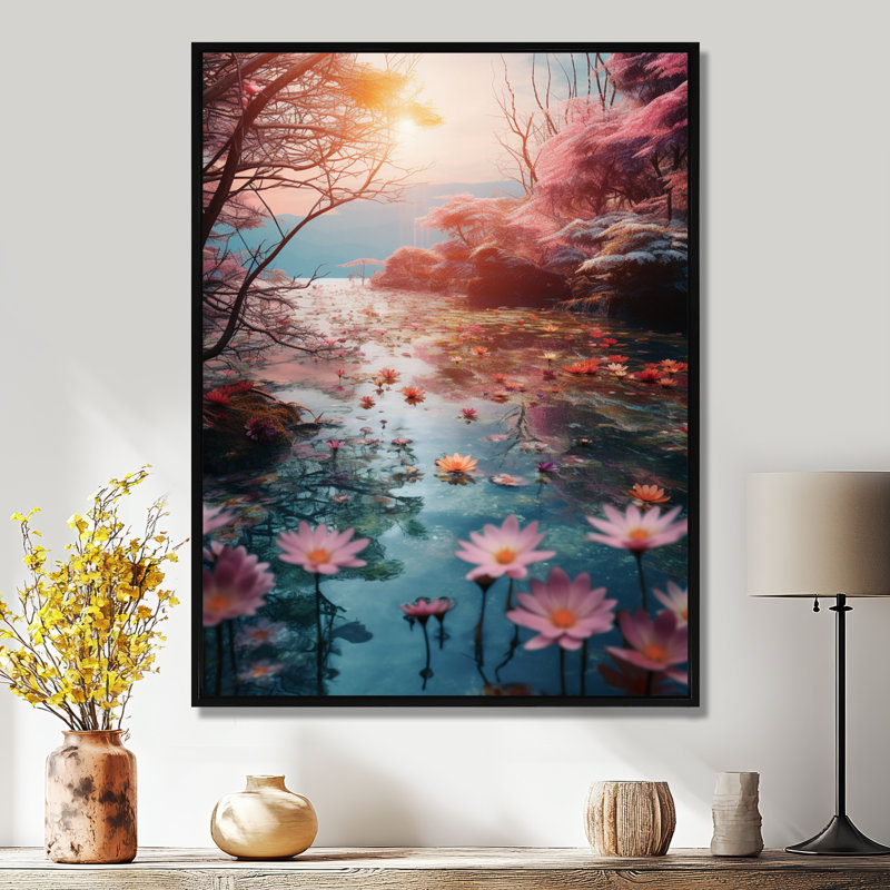 Rivière rose soleil bleu avec fleurs de lotus rose - décoration murale Lotus, H 20 po x l 12 po