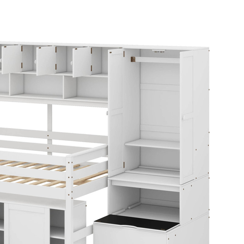 Lit mezzanine double en bois avec bureau, tiroirs et tablettes, Blanc
