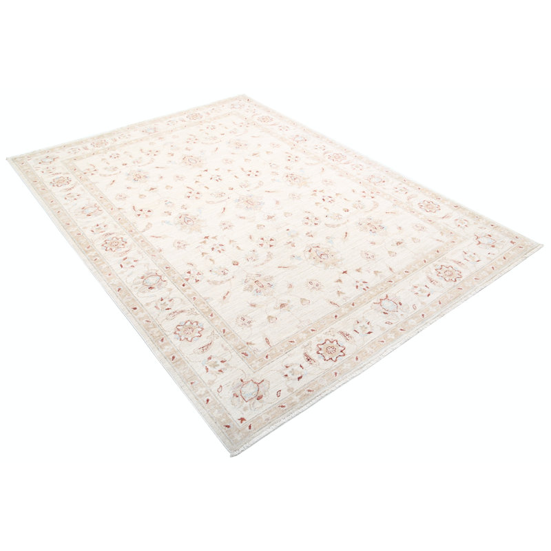Tapis turc beige noué à la main 5,7 x 7,6 pi de style Oushak avec motif floral intégral, 100% laine