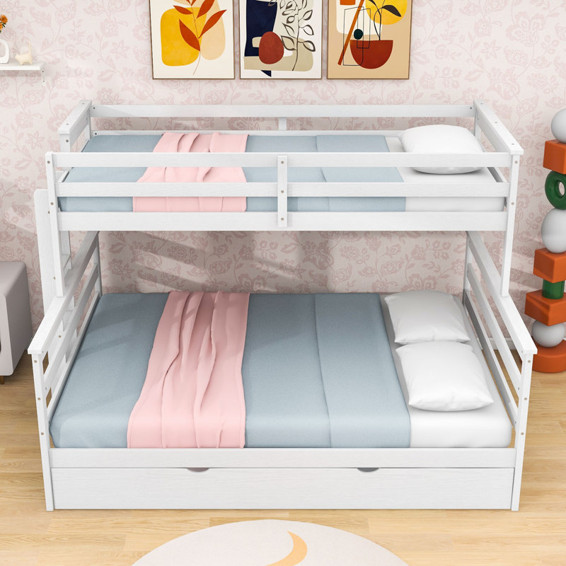 Twin XL Over Queen Bunk Bed with Twin Trundle, Guardrails and Ladder, White