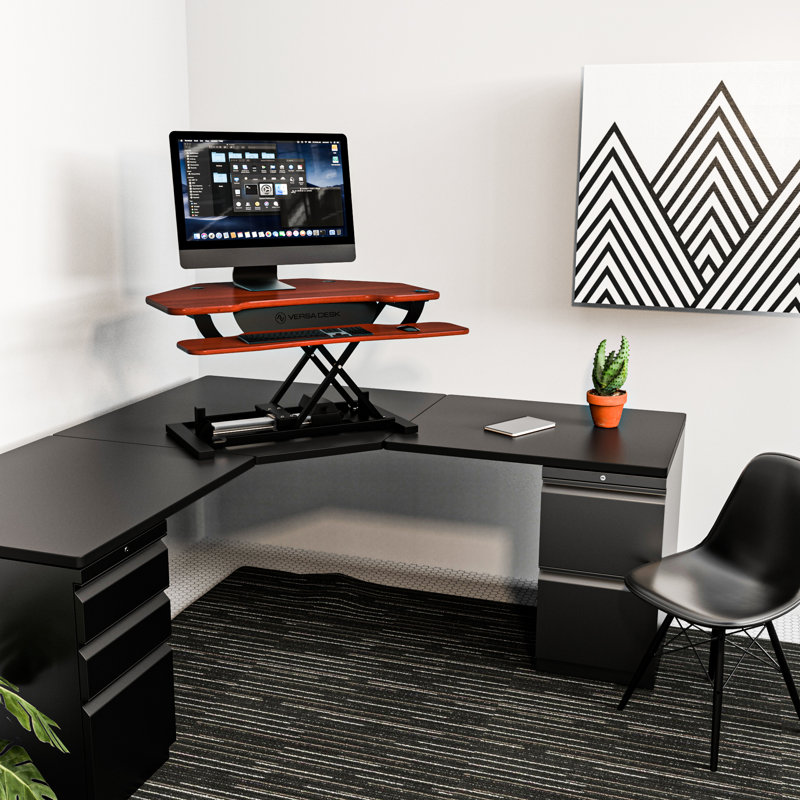 PowerPro 36" Electric Corner Standing Desk Converter Riser with USB Charging Port, Cherry/Black