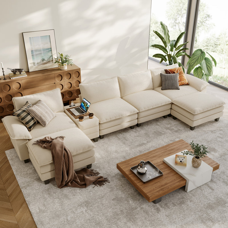 Colbey 172" Oversized Corduroy Cloud U-Shaped Sectional Sofa With Storage End Table, Beige Corduroy