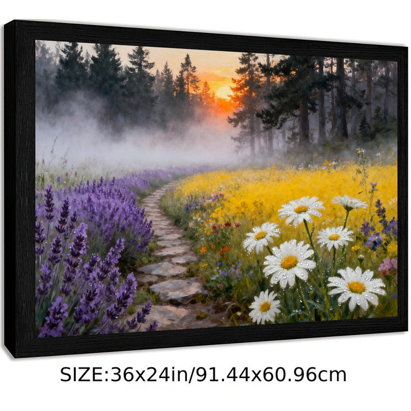 Art encadré noir, sentier floral coucher de soleil, impression de paysage brumeux impressionniste, H 25 po x l 37 po