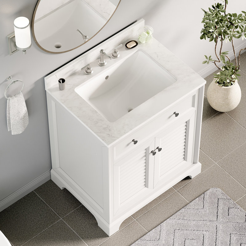 White 28'' Louvered Cabinet Door Single Sink Bathroom Vanity, White
