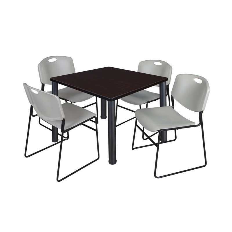 Kee Square Breakroom Table Top, 4 Zeng Stack Chairs, Black, Cherry, 29" H x 36" W x 36" D