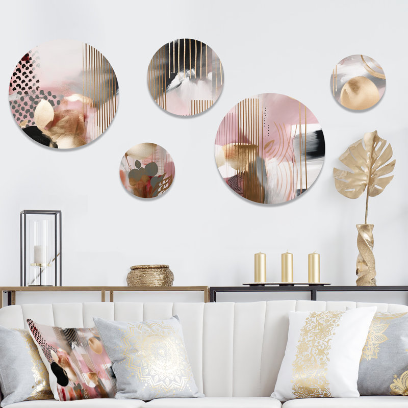 Pink Gold Lines Scenery I - Modern Shapes Transitional Metal Wall Décor
