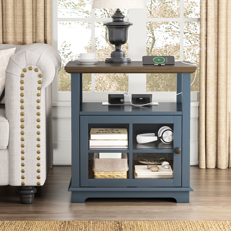 Cherelyn 24" Tall End Table with Storage and Built-In Outlets for Living Room,Bedroom,Office, Oak, Blue