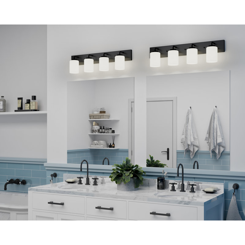 4-Light Brushed Nickel Bath Vanity Light with Etched Glass Shades, Matte Black