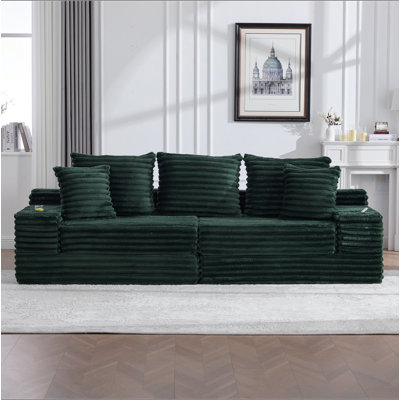 Oversized Boneless Four Seats Sofa with Cup Holder and Side Pockets, Upholstered Corduroy Sofa Bed Cloud Couch with 3 Pillows, 2 Lumbar Pillows.Living Room, Bedroom,No Assembly ,Breathable material
