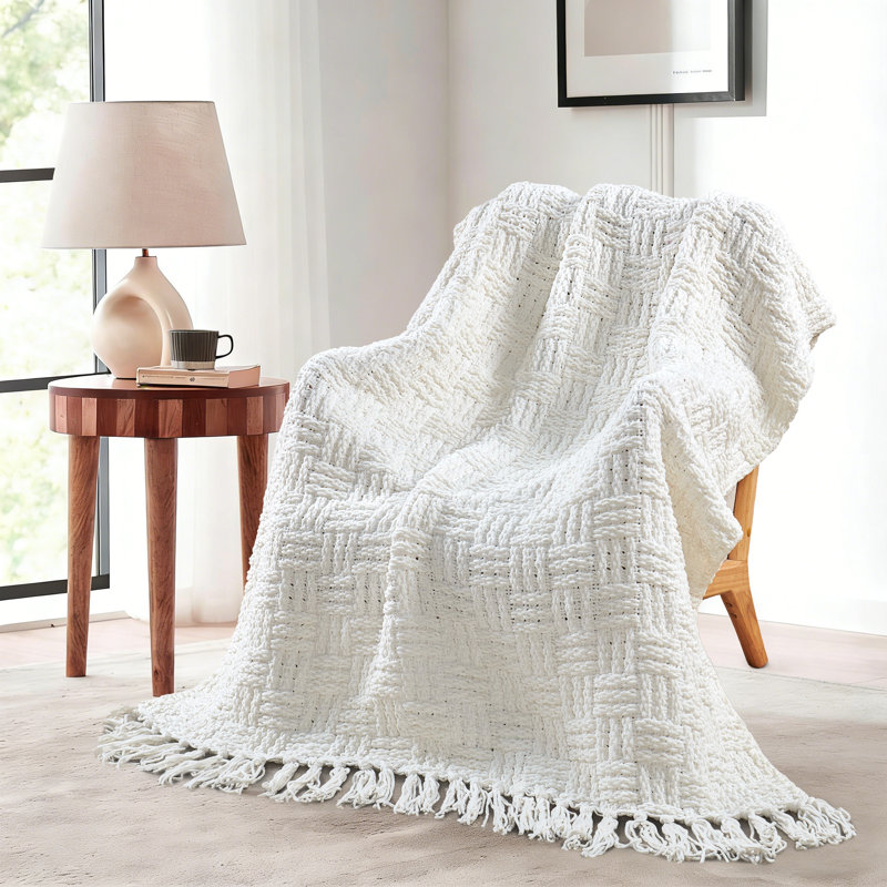 Jeté en tricot Fringe, Blanc, L 50 po x L 60 po