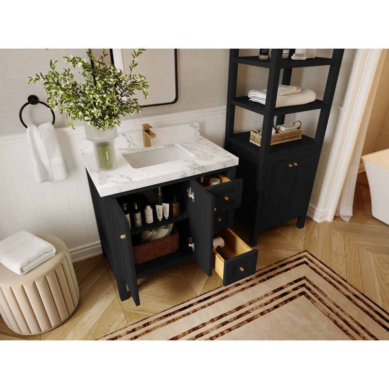 Nashville X P 22 po Meuble-lavabo central en albâtre, Noir, Palissandro