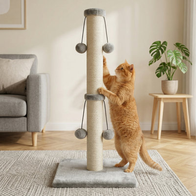 29-Inch Cat Scratching Post, Natural Sisal Rope Scratcher with 4 Dangling Toy Balls for Large Cats, Grey