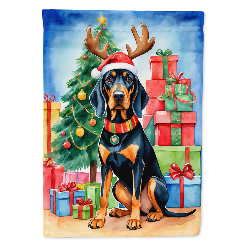 Drapeau de Noël renne de jardin, Chien noir et feu pour la chasse au raton laveur