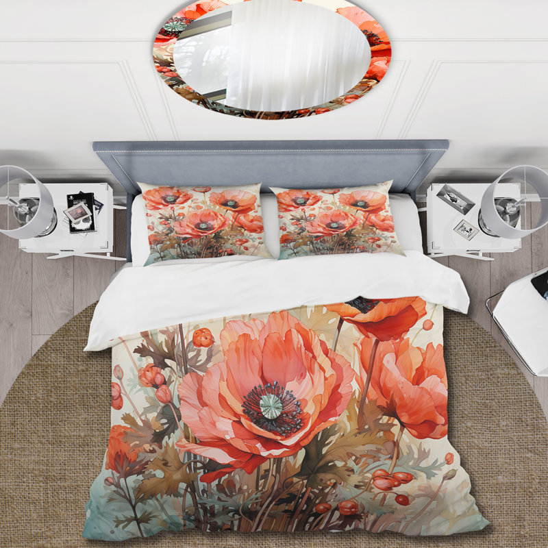 Ensemble de housse de couette Red Serene Poppy Meadows I - Poppy, Housse de couette pour grand lit et 2 taies décor