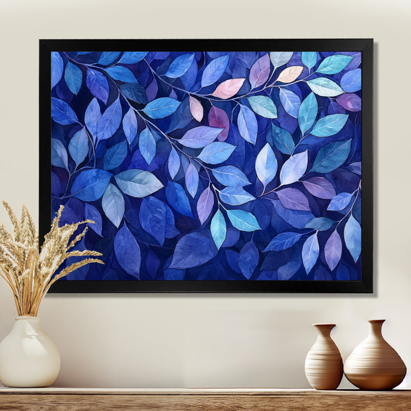 Indigo feuilles feuillage collage III - feuilles, art mural sur toile, Reproduction encadrée d'une seule photo sans pass