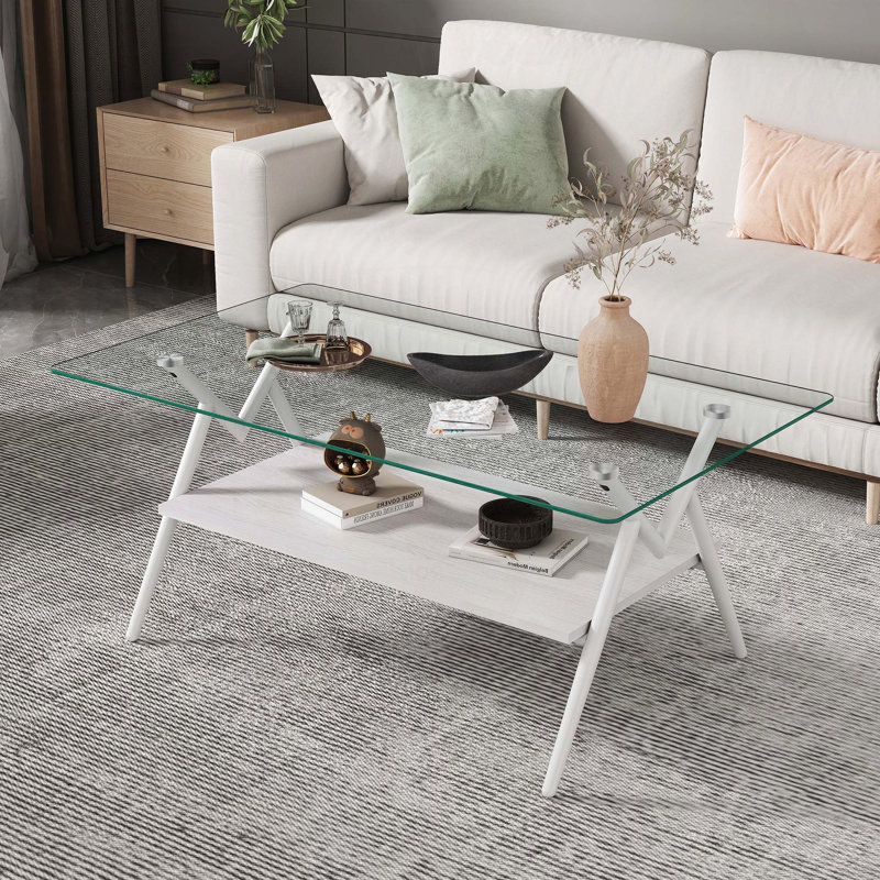 Table basse rectangulaire avec plateau en verre trempé et pieds en métal - Transparent
