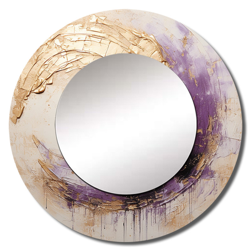 Spirale lunaire dorée et mauve - peinture abstraite murale, miroir rond beige, 23 po x 23 po