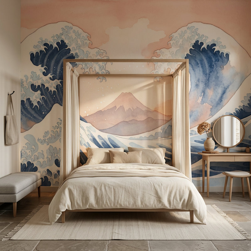 Décoration murale amovible inspirée de l'aquarelle et du fond océanique Ocean Waves, 200"x120", Peel and Stick