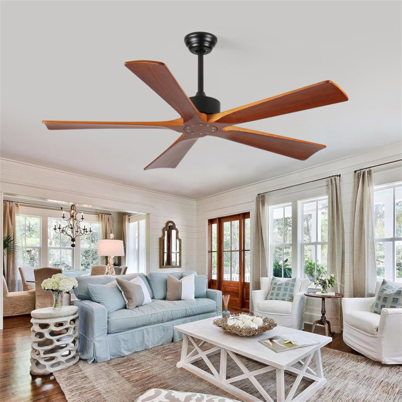 Ventilateurs de plafond 52 pouces et ventilateur de plafond intérieur et extérieur en bois pour patio, salon, 5 pales