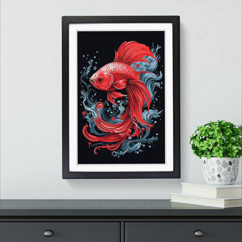 Siamese Fighting Fish Line - Framed Print, 34cm H x 25cm W x 2cm D, Black 