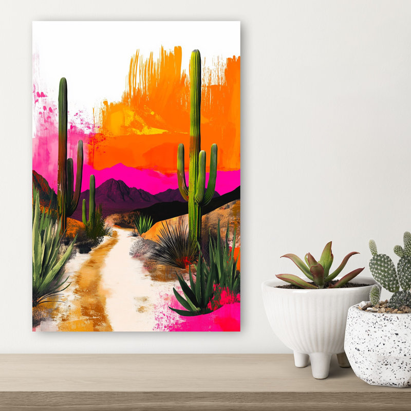 Mexican Life Mexican Desert 4 Colorful Vibrant Abstract Cactus City Landscape Wall Art Print 1 Piece Wrapped Canvas Wall Art