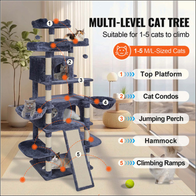 68.5" Multi-Level Cat Tree Tower, Indoor Cat Activity Center with Scratching Posts, Cat Condos, Hammocks & Perches for Multiple Cats