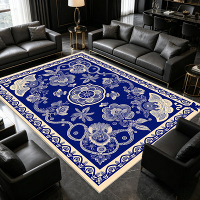 Tapis à motif floral bleu Bandana pour le salon, doux et confortable, convient à toutes les saisons, facile à entretenir, tapis de sol intérieur lavable à la machine, sous la table de ferme convenant à la chambre à coucher, à la salle à manger, au bureau, au patio, au balcon, à la décoration intérieure