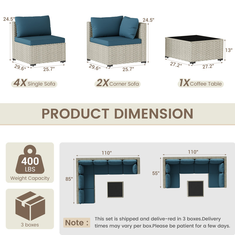 7 Pieces  Design-Oriented Rattan Patio Conversation Sets With Cushions, Peacock Blue
