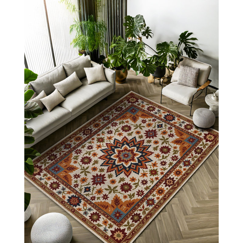 Jazeera Collection Digital Print Cotton-Polyester Brown Floral Rug, Rectangle 6'7" x 11'6"