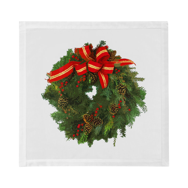 Christmas Wreath Cotton Sateen Dinner Napkins, White Red