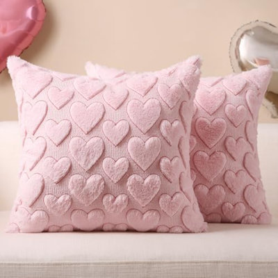 Pink Heart Pillow Covers 18 x 18 Inch Set of 2, Spring Summer Soft Faux Fur Cushion Covers, 3D Embroidered Pillow Cases for Girl's Room Décor
