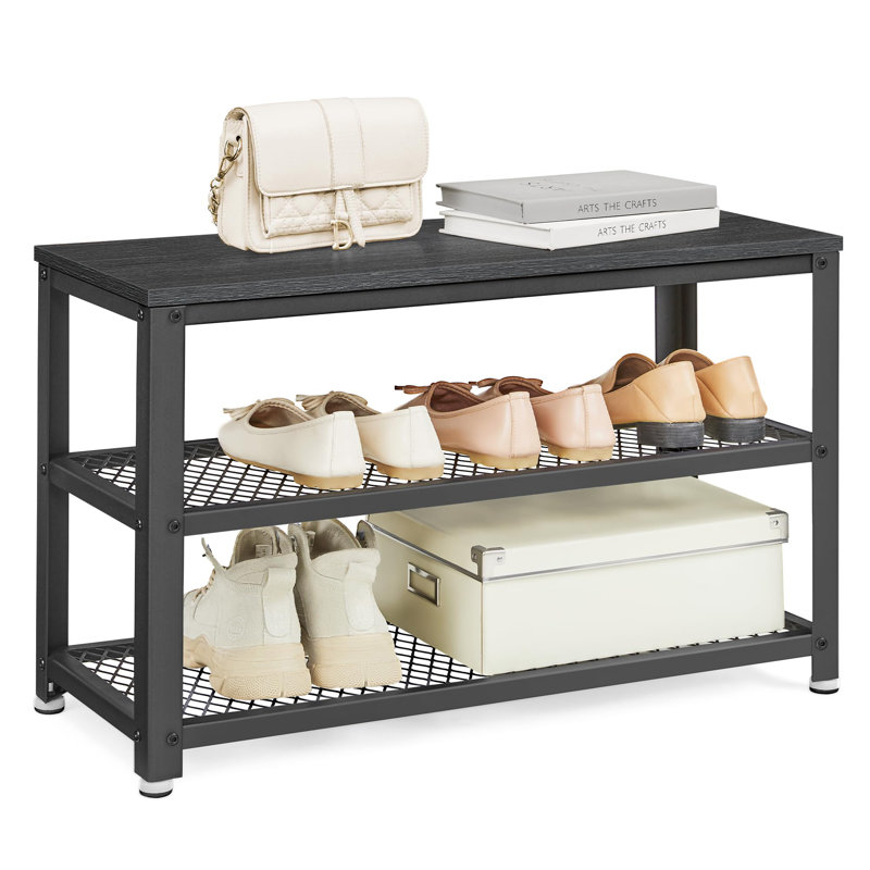 3-Tier Shoe Bench with Metal Mesh Shelves, Black and Black