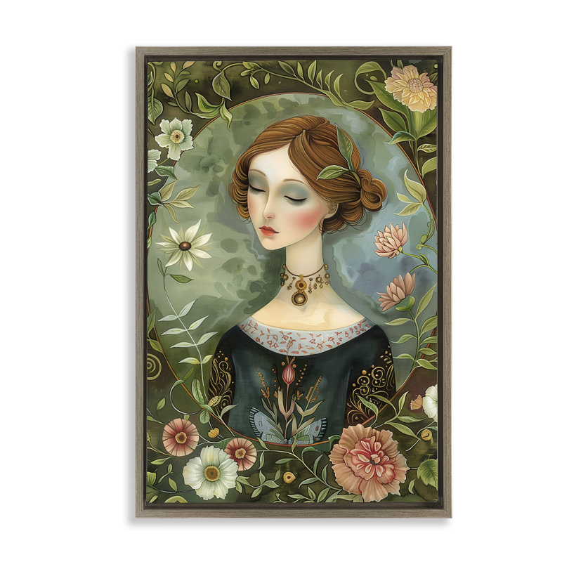 Floral Edged Victorian Woman Floating Frame, design by The Dutch Lady, Montalcino Elm Floater Frame, 25" H x 17" W
