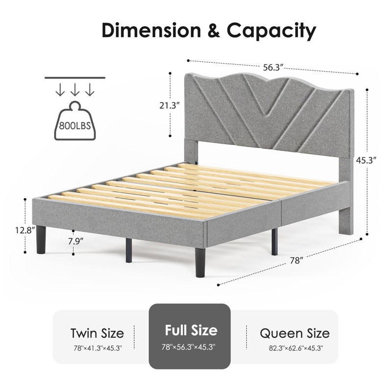 Structure de lit plateforme double pleine grandeur avec tête de lit tapissier et lattes en bois, gris - aucun sommier requis, assemblage facile, fabrication en métal et en bois