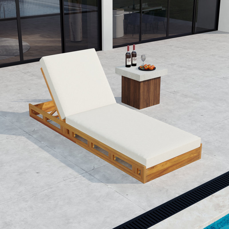 LOUNGE CHAISE SET, ACACIA WOOD WITH WATER-RESISTANT LOUNGE CUSHIONS (CREAM & 4 INCH THICK) - MATCHING DARK GREY VERSION AVAILABLE