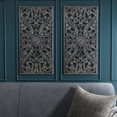 Elegant Wall Panels - 2 Antique Blue Distressed Lotus Pattern Indoor Use Spot Clean For
