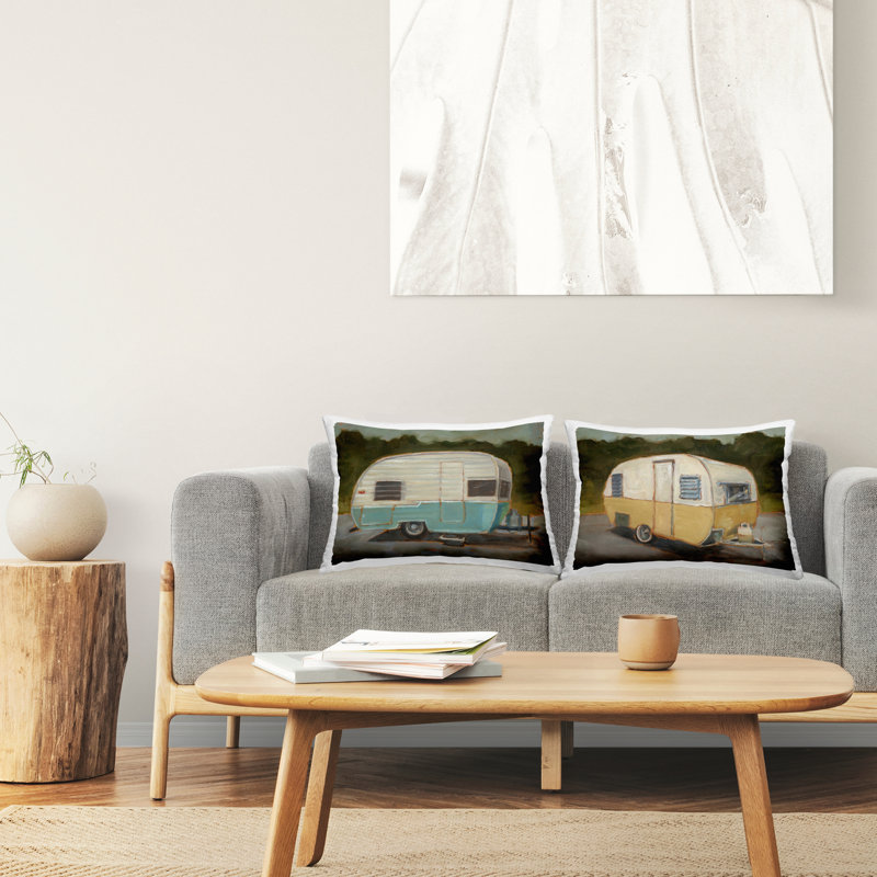 Ensemble de coussins décoratifs à imprimé rétro bleu et jaune 2 pièces, par Ethan Harper
