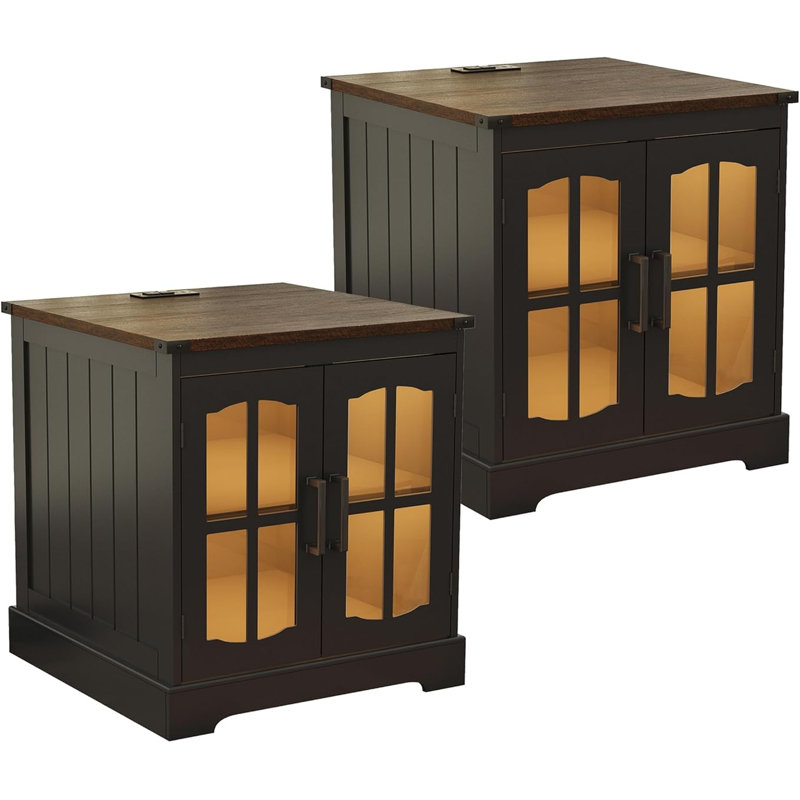 Table de bout à DEL avec porte en verre 23,6 po et 2 portes (ensemble de 2), Couleurs foncées, Noir