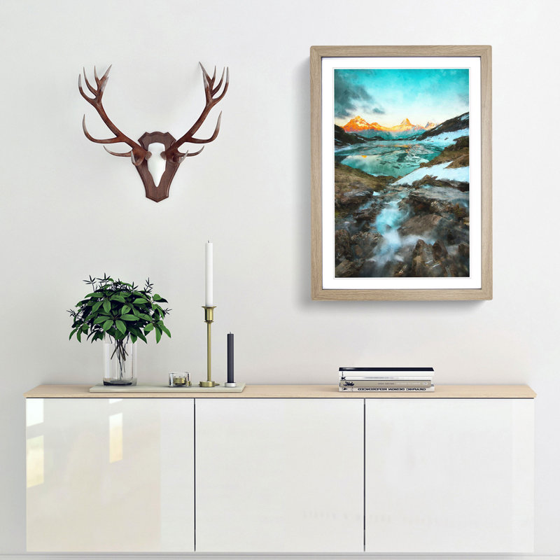 Mountain View in Switzerland - Picture Frame Painting Print, 63cm H x 45cm W x 2cm D, Oak Framed