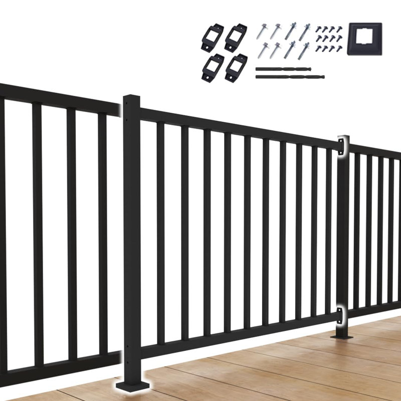 Ensemble de garde-corps pour clôture et barrière CR - Rampe d'extérieur en métal avec poteau sans rail supérieur nécessaire, système de balustrades en fer forgé noir pour balcons de porche et de clôture de patio extérieur et piquets d'extérieur, 4 x 3