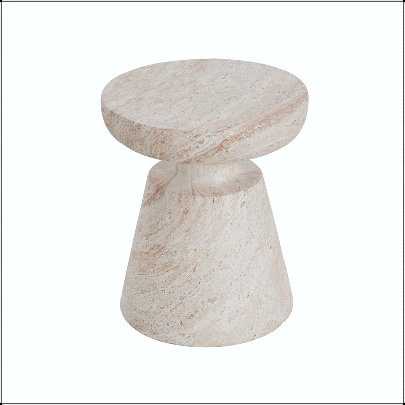 Table d'appoint d'extérieur / d'intérieur en béton léger avec base piédestal et plateau demi-sphère - finition travertin