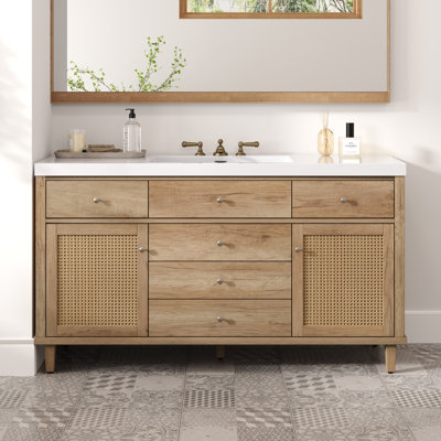 Meuble-lavabo 60 po avec lavabo SMC, grande armoire de rangement moderne avec portes en rotin, 5 pieds en pin