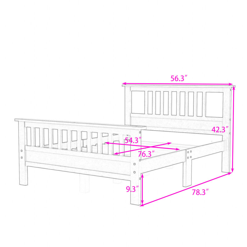 Lit plateforme double en bois avec tête de lit, pied de lit et pieds centraux