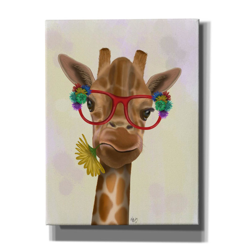 «Giraffe and Flower Glasses 3» par Fab Funky, art mural sur toile, H 16 po x l 12 po x P 0,75 po
