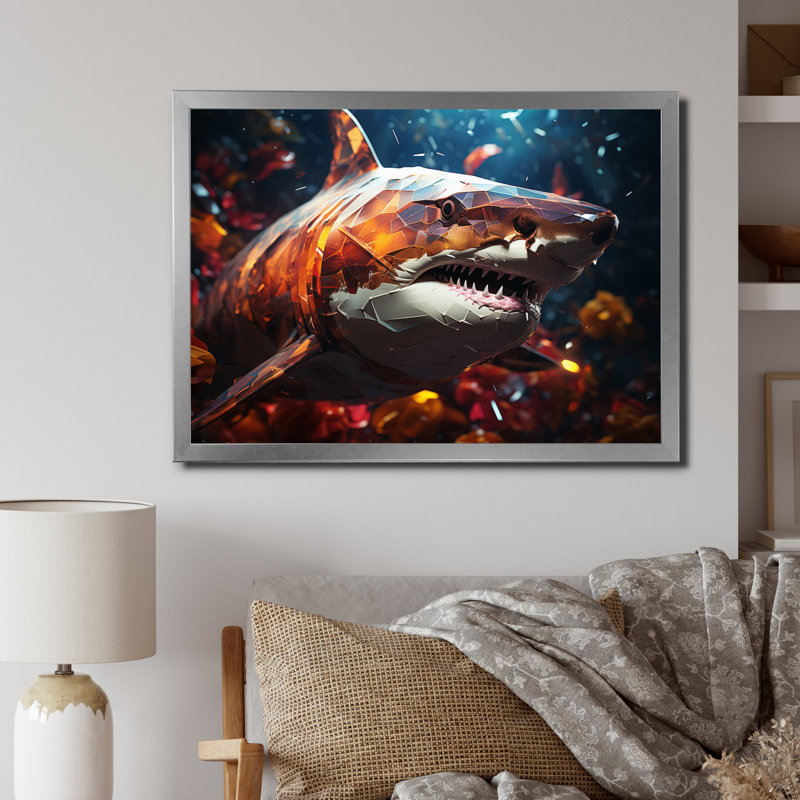 " Blue Shark Predators Glare Geometric I ", Silver Single Picture Framed, 24" H x 32" W x 1" D