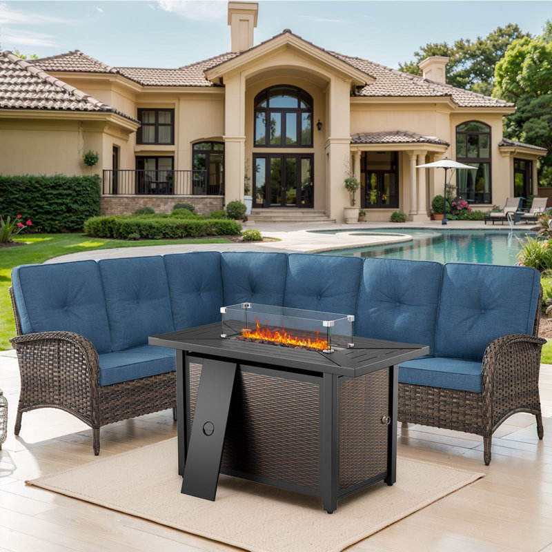 2 - Person Outdoor Seating Group With Cushions And Fireplace Table, Blue