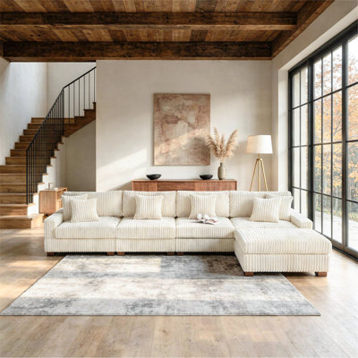 5 - Piece Upholstered White Faux Rabbit Fur Flannel Modular Sectional Sofa with Throw Pillows & Removable Ottomans